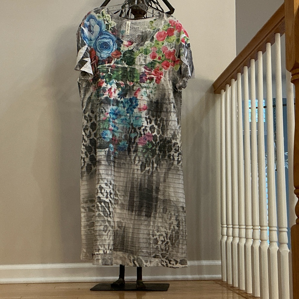 Floral & Animal Print Midi Dress in Gray with Multicolor Accents